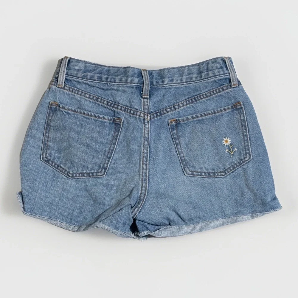 Daisy Embroidered Denim Shorts 12 Distressed Adjustable Waist Cottagecore Boho